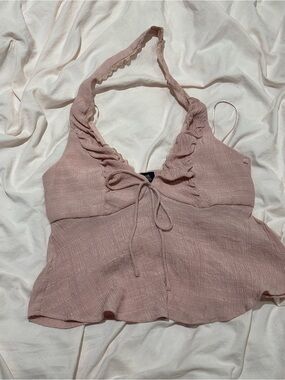 Beverly & Beck and Ruffled Halter Tie-Front Tank Top in Dusty Pink